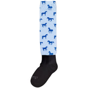 Ovation PerformerZ Boot Sock with light blue leg featuring blue horse pattern and black foot