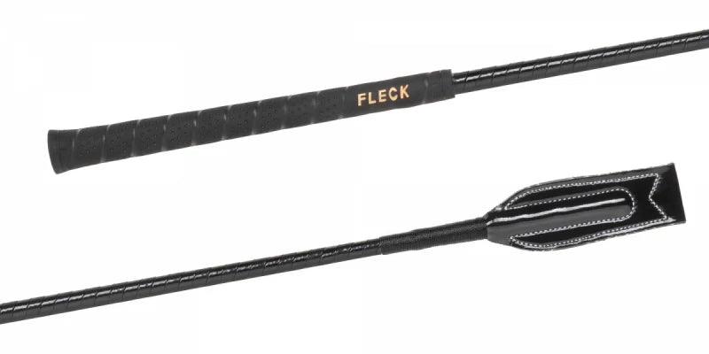 Side by side handle and tail views of the black Fleck Patent Synthetic Leather Wrapped Jumping Bat on a white background