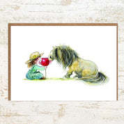 View of the Sweet Child and Pony Pony Nut Greeting Card on a white washed wood background
