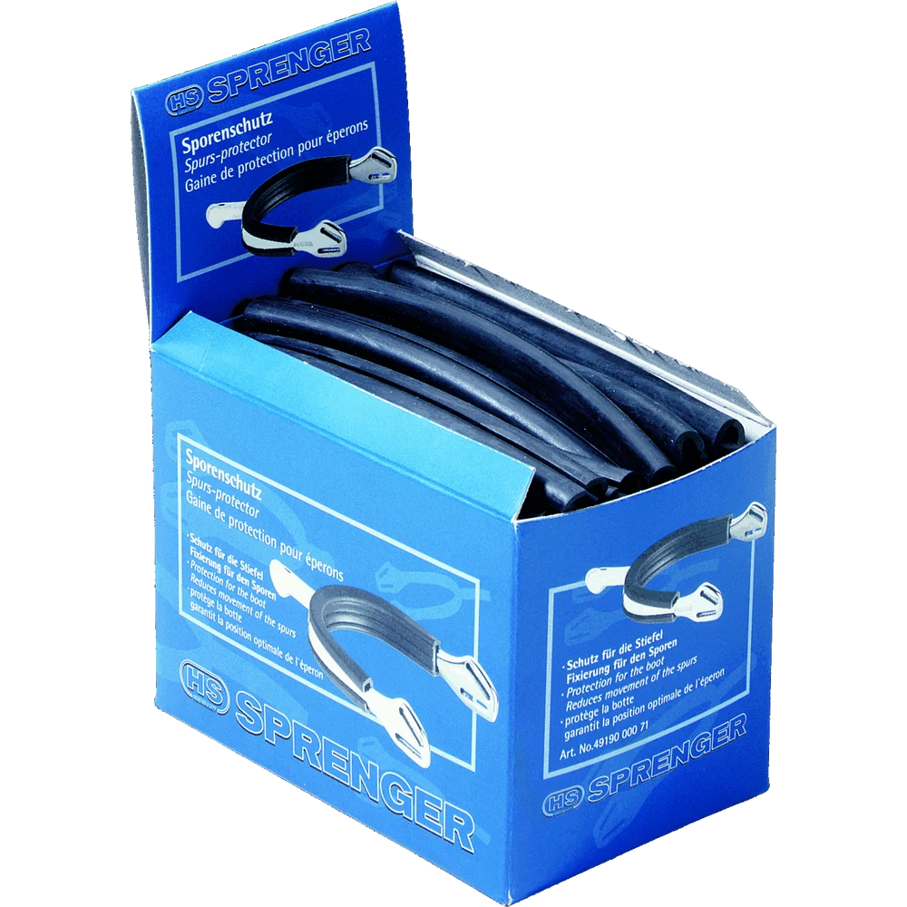 View of a box of Herm Sprenger Rubber Spur Protectors on a white background