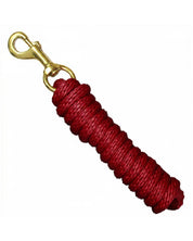 Full view of the red Intrepid Braided Poly Lead Rope with Solid Brass Snap 8' on a white background