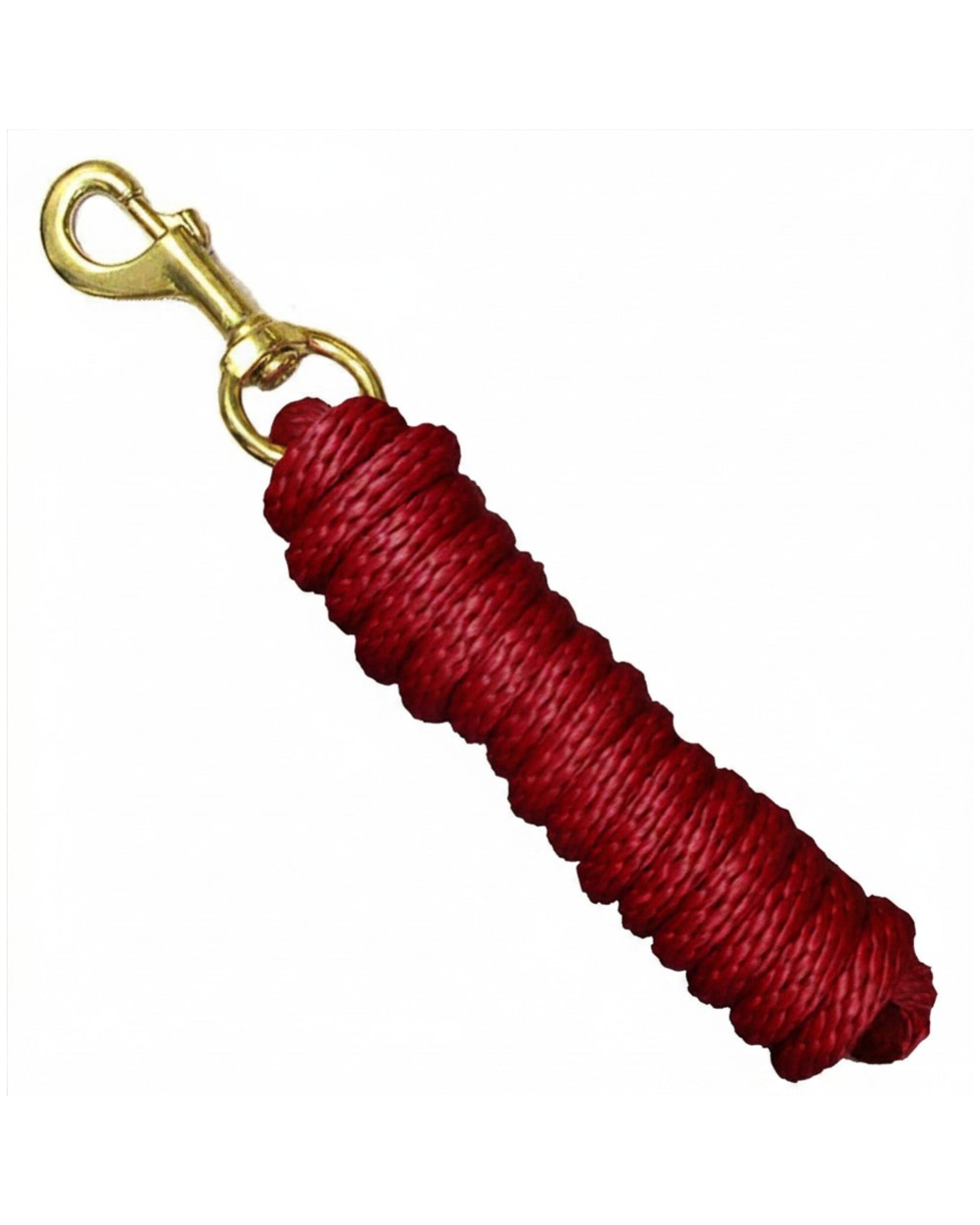 Full view of the red Intrepid Braided Poly Lead Rope with Solid Brass Snap 8' on a white background