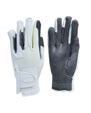 Side-by-side front and back views of a pair of Correct Connect Oil-Tac Copper Tech™ Leather Premium Riding Gloves in white on a white background