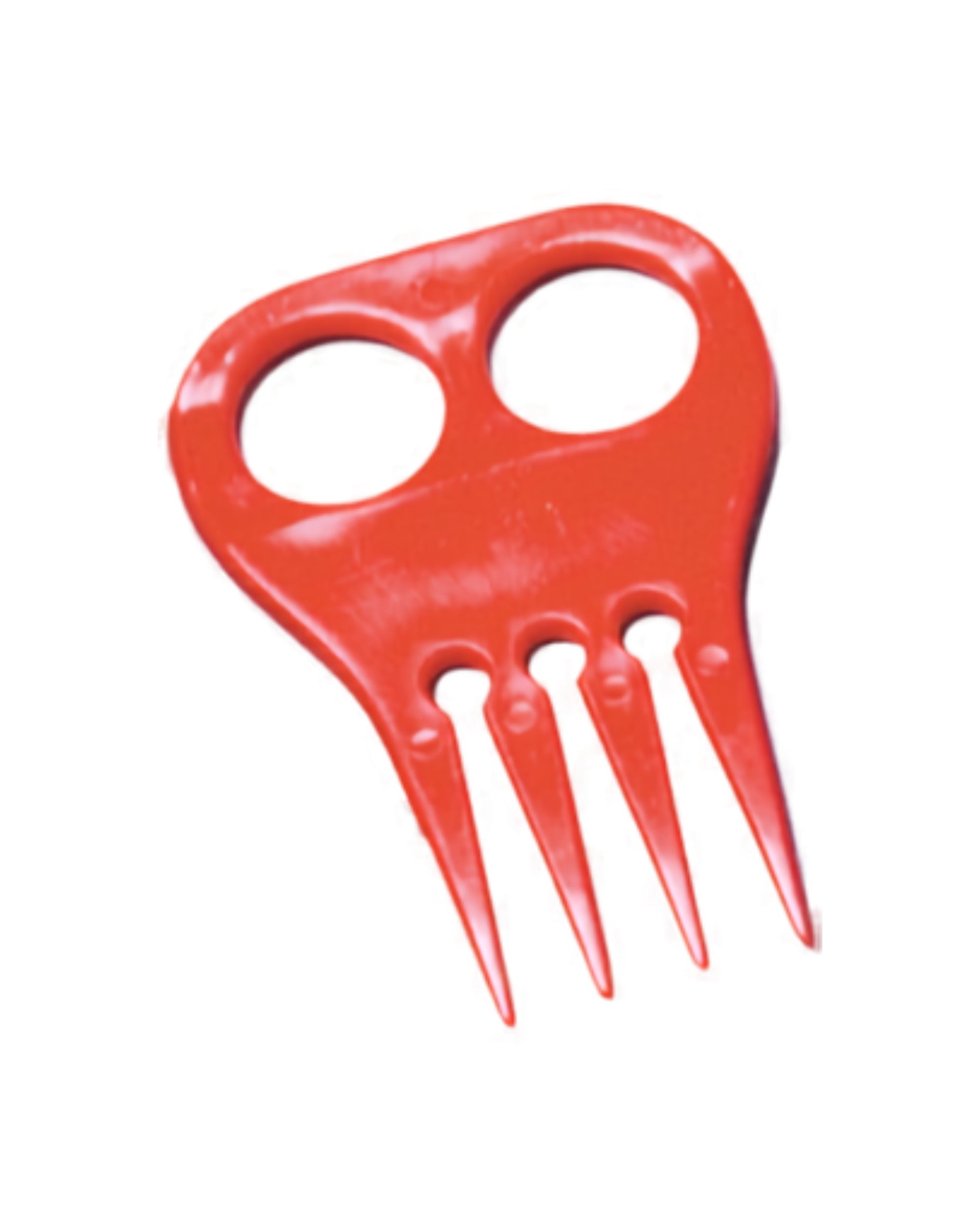Front view of a red Jacks Braiding Comb on a white background