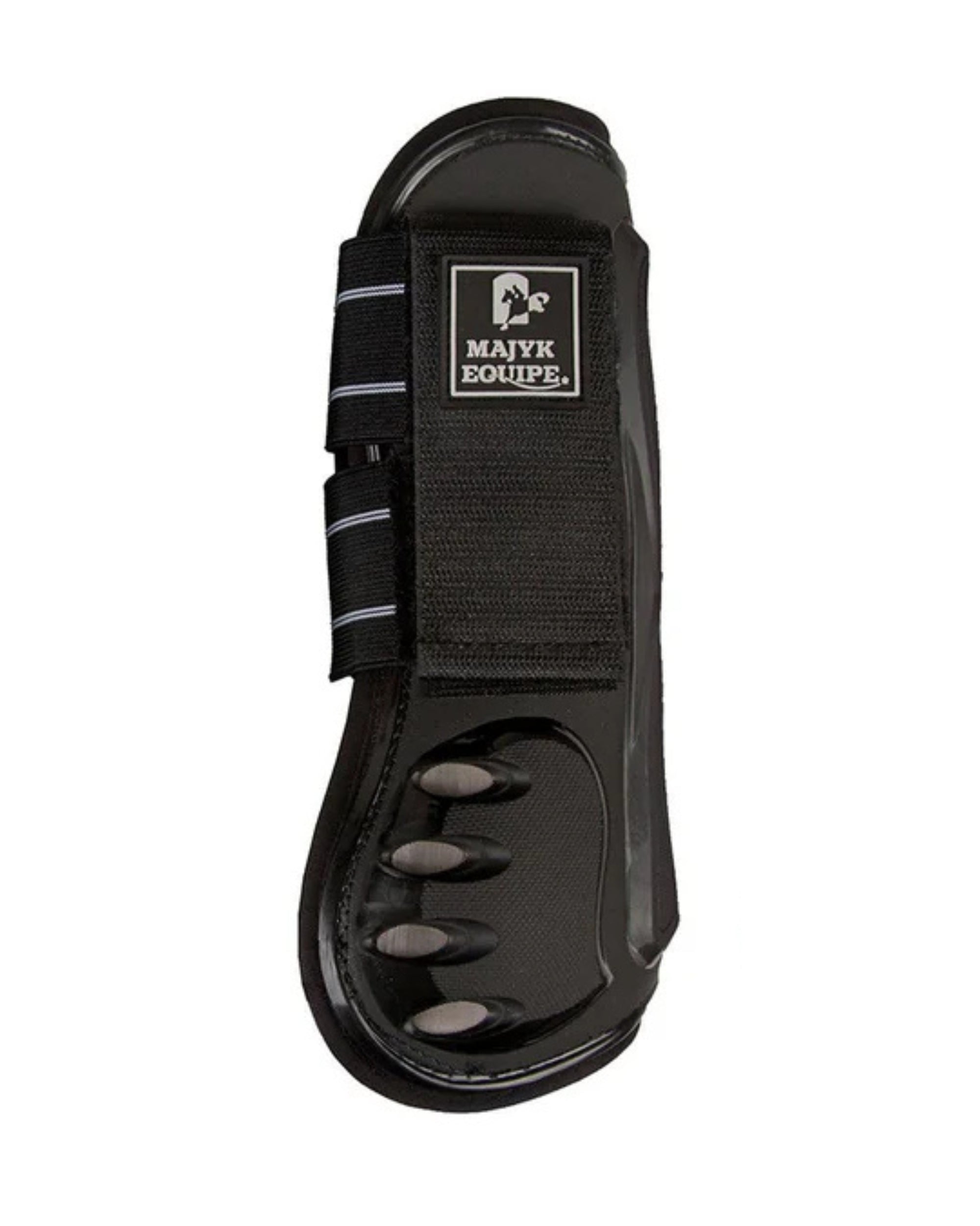 Side view of the black Majyk Equipe Vented Infinity Open Front Tendon Jump Boot on a white background