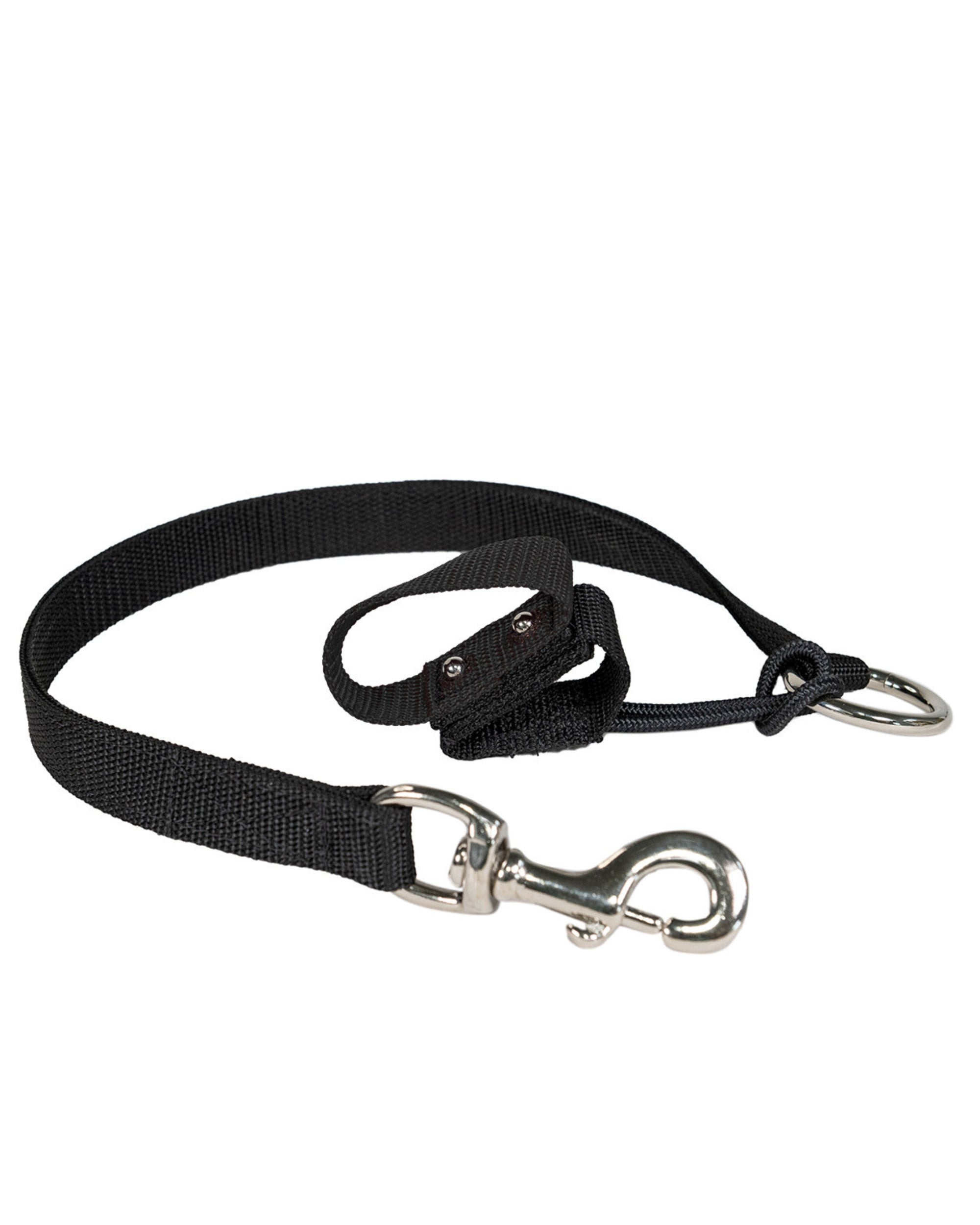 Full view of the black Nunn Finer Rapid Release Trailer Tie on a white background