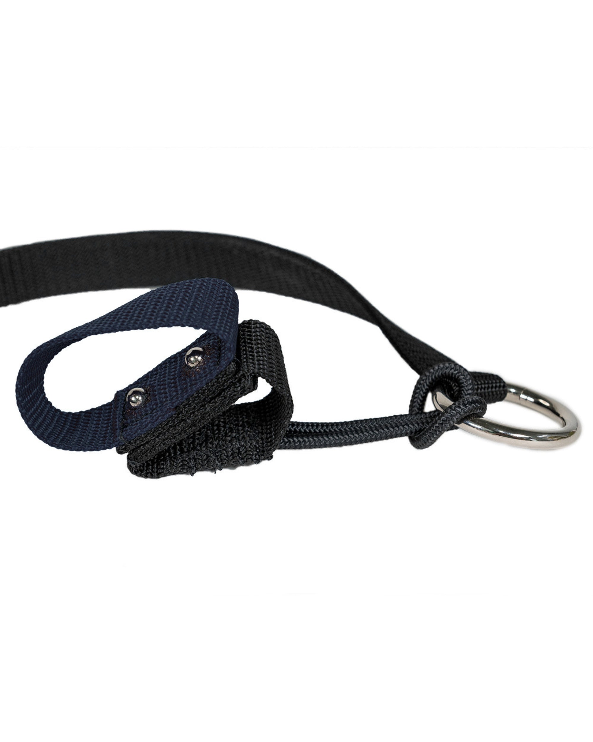 Close-up view of the navy Nunn Finer Rapid Release Trailer Tie on a white background