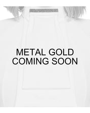 Coming Soon infographic of a model wearing the Metal Gold Samshield Plastron Premium Stock Tie over a white show shirt