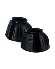 View of a pair of black Equi-Essentials EQComposite Velcro Ribbed Bell Boots on a white background