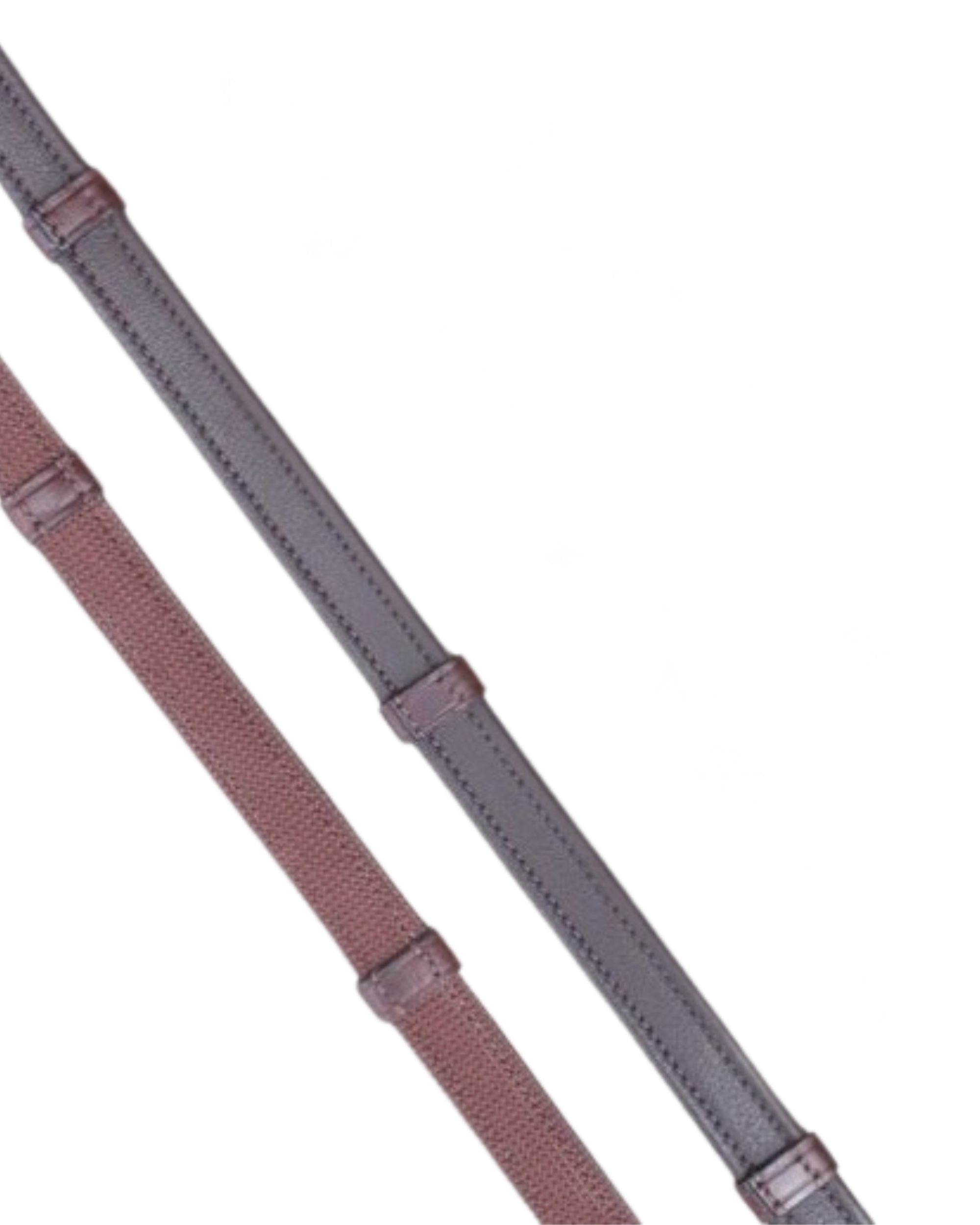 Side-by-side front and back views of the brown KL Select Soft Grip Reins with Stops on a white background