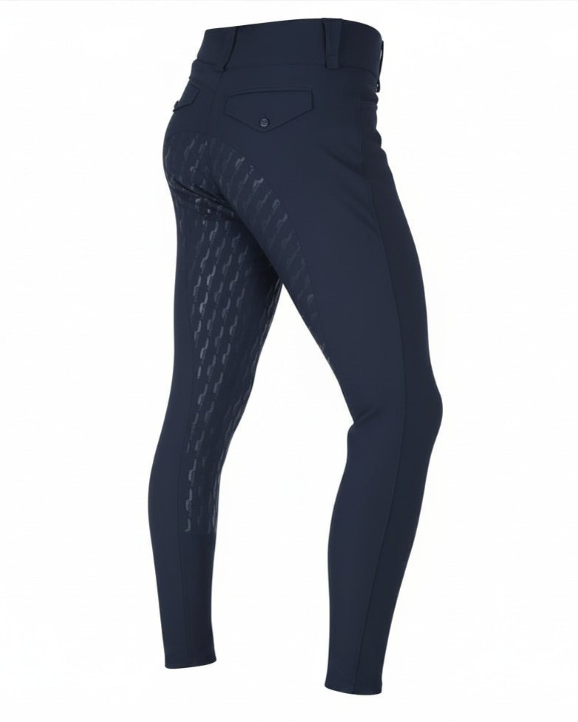 Angled back view of the navy Aubrion Men's Optima MX-FG Breeches on a white background