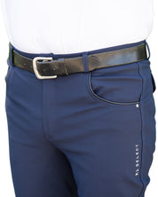 Close-up front view of a male model wearing the navy KL Select Men's Evan Full Seat Breeches on a white background
