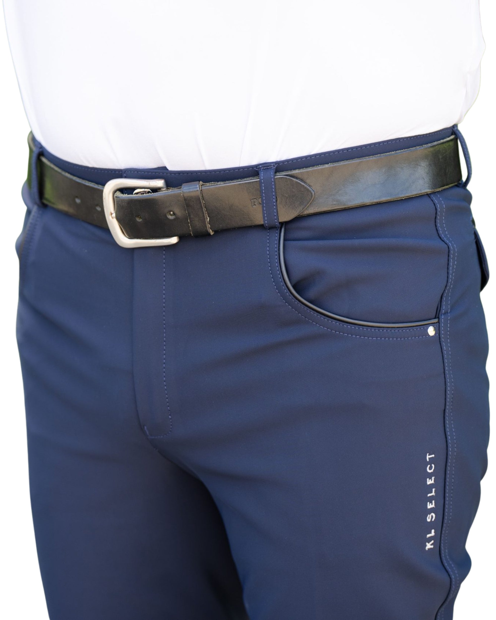 Close-up front view of a male model wearing the navy KL Select Men's Evan Full Seat Breeches on a white background