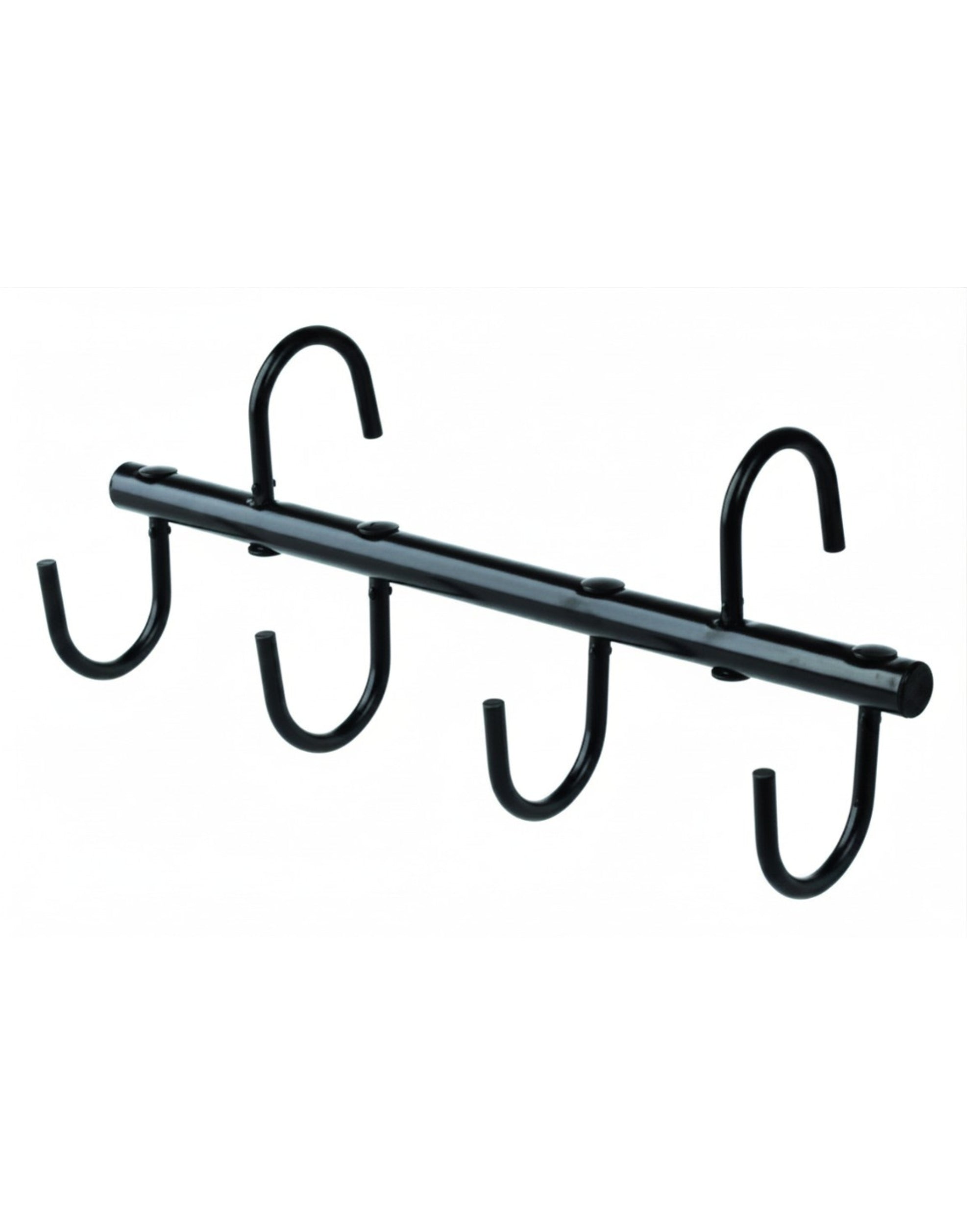 Full view of the 4-hook Equi-Essentials Portable Tack Rack Bar on a white background