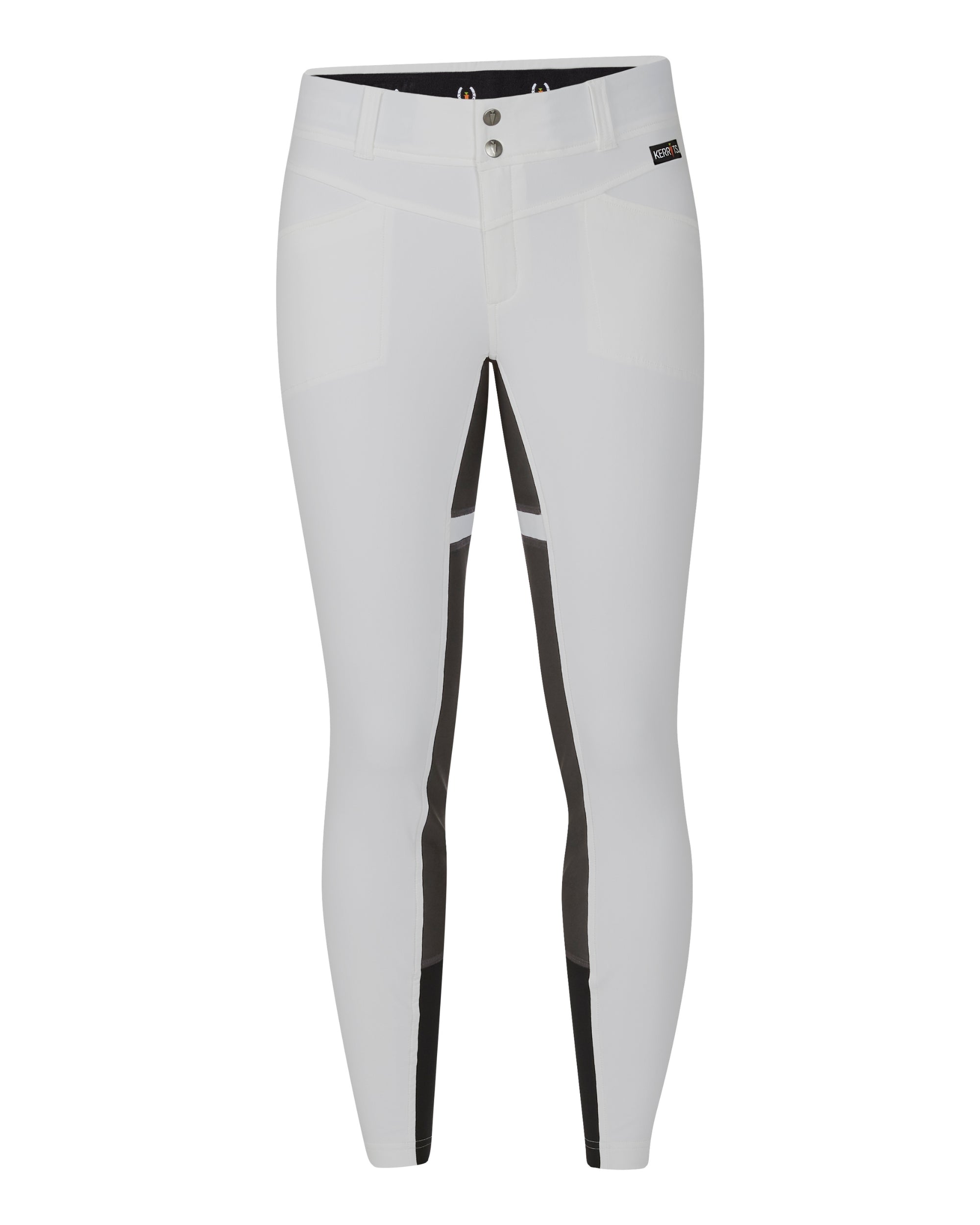 Front view of the white Kerrits Crossover II Full Seat Breech on a white background