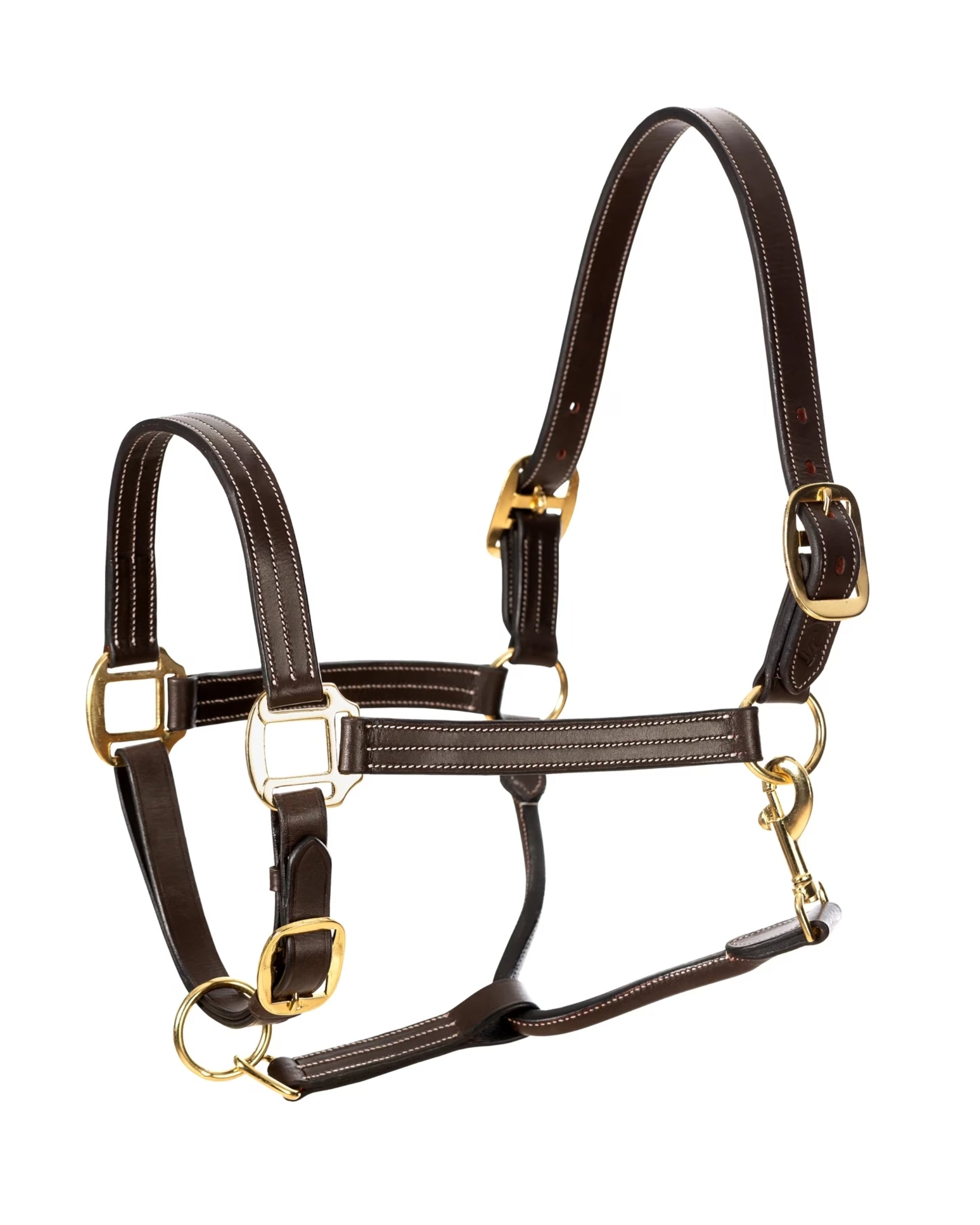 Side view of the brown Equinavia Valkyrie Triple Stitched Halter on a white background