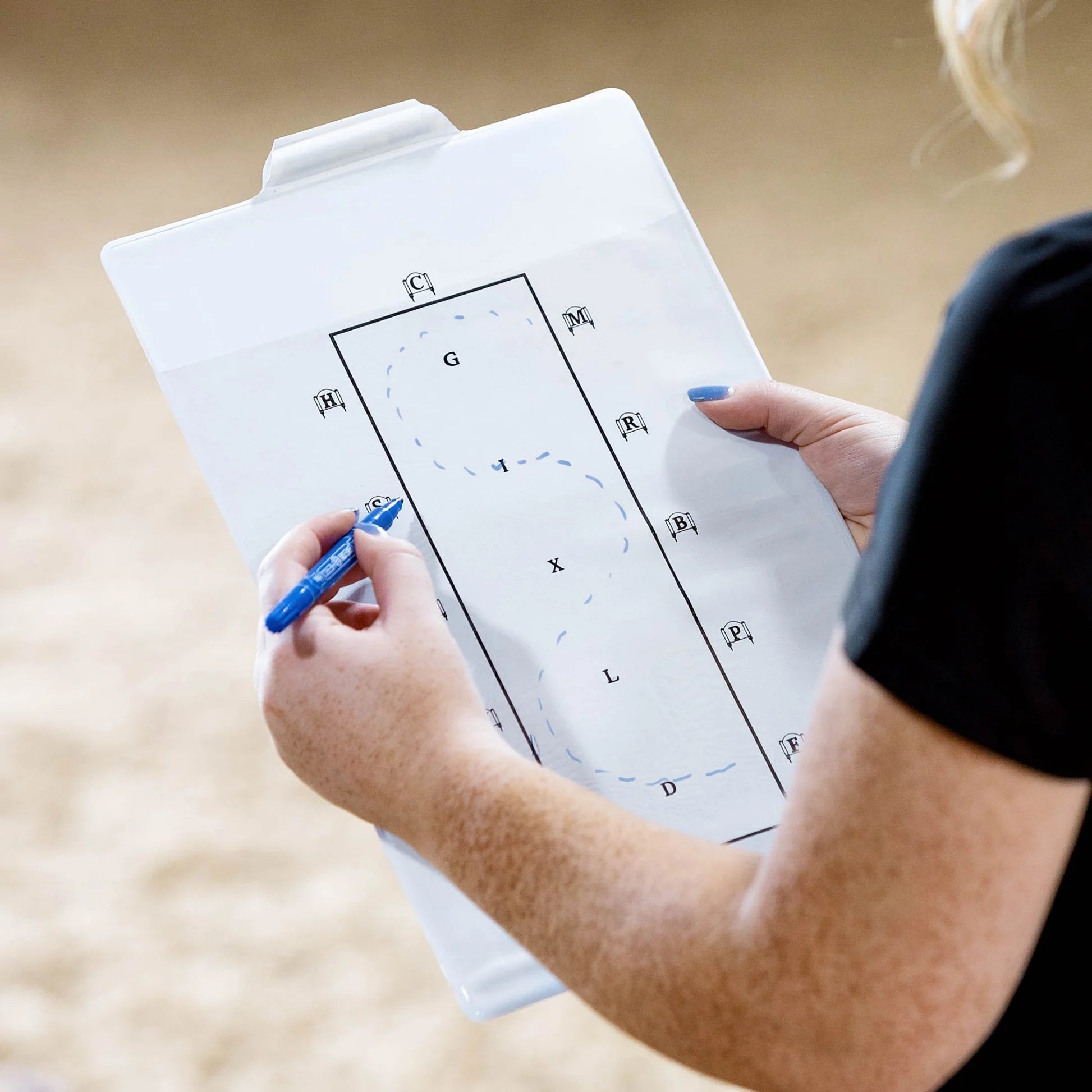 Over-the-shoulder view of a woman sketching a 3 loop serpentine with a blue marker on the Horze Learner Dressage Test Board