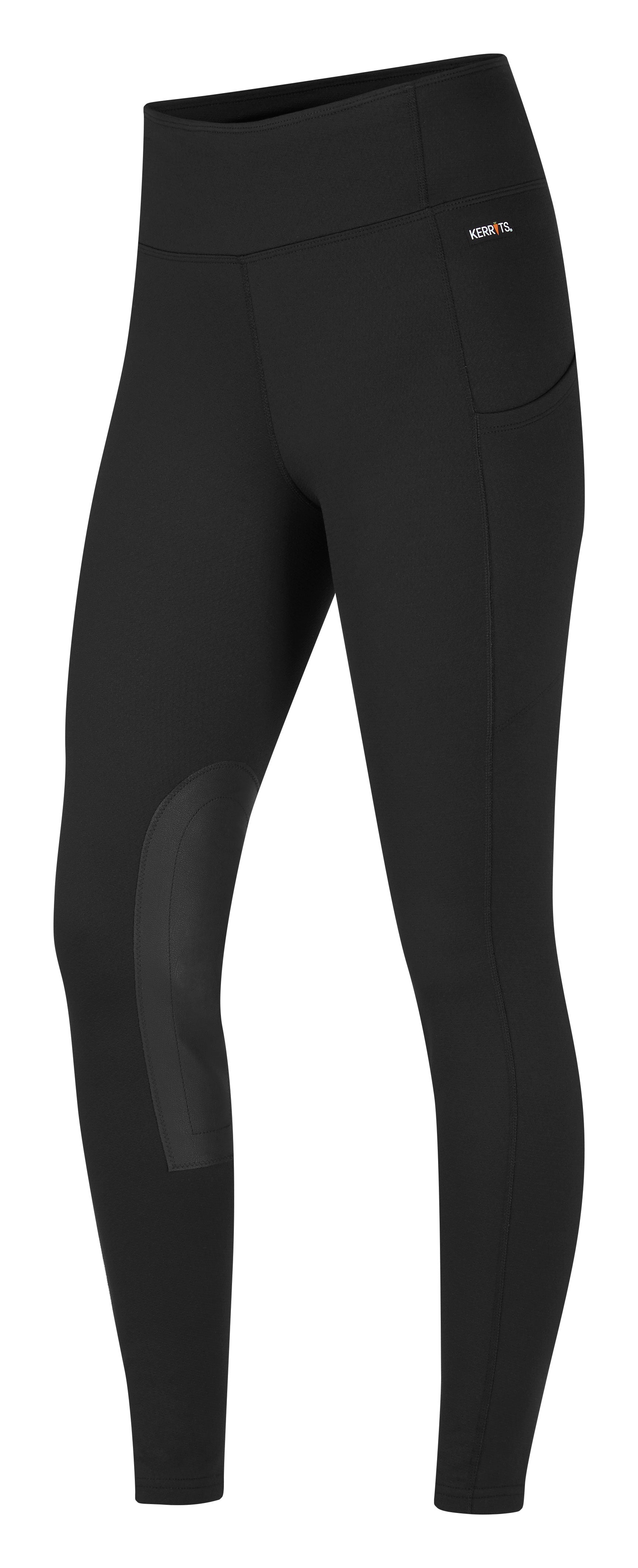 Angled front view of Black Kerrits Fleece Lite II Knee Patch Tight on white background