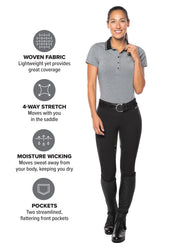Front view of a model wearing the black Kerrits Crossover II Full Seat Breech with breech features typed out beside her on a white background