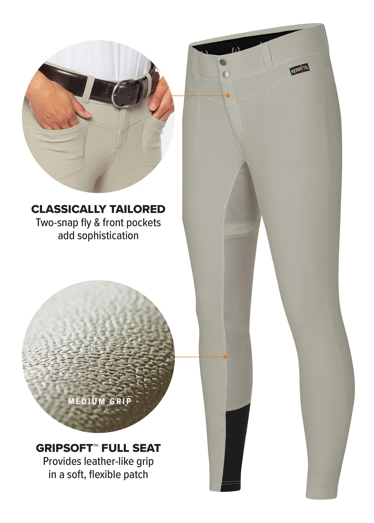 Angled front view of the sand Kerrits Crossover II Full Seat Breech next to infographic features on a white background