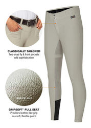 Angled front view of the sand Kerrits Crossover II Full Seat Breech next to infographic features on a white background