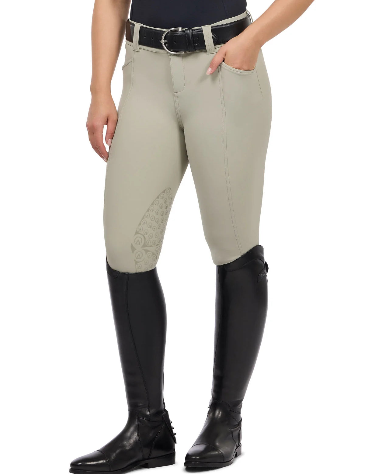 Front view of a model wearing the tan Kerrits Affinity Pro Knee Patch Breech on a white background