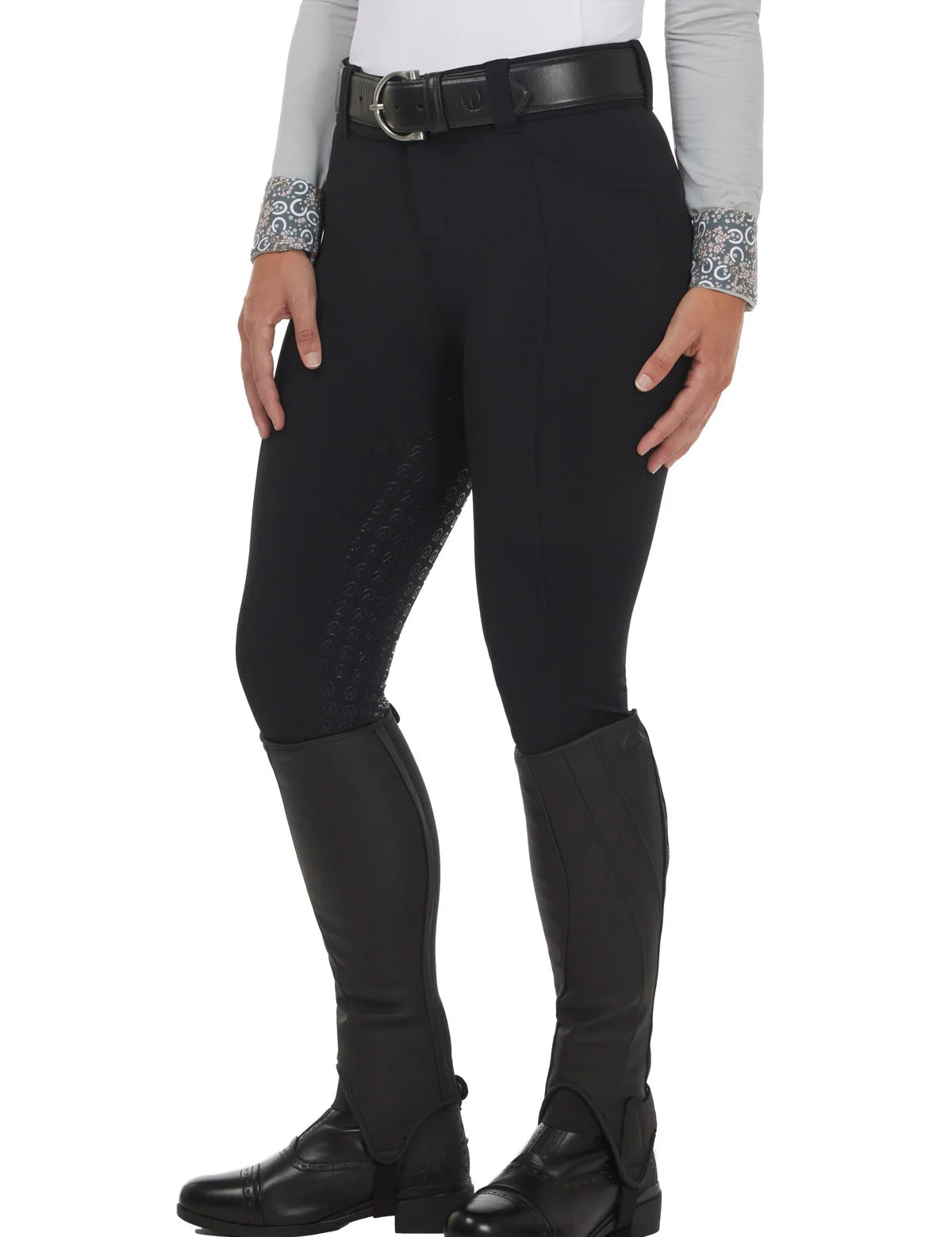 Angled front view of a model wearing the black Kerrits Affinity Pro Full Seat Breech on a white background