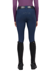 Back view of a model wearing the blue Kerrits Affinity Pro Full Seat Breech on a white background