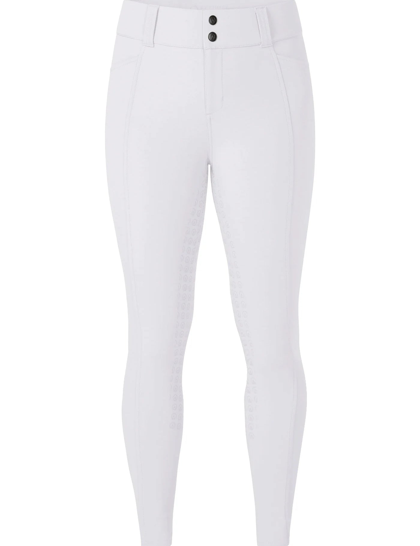 Front view of the white Kerrits Affinity Pro Full Seat Breech on a white