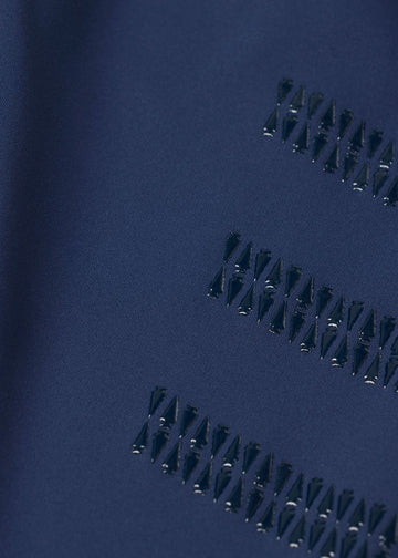 Close-up of blue fabric showing knee patch grip detail