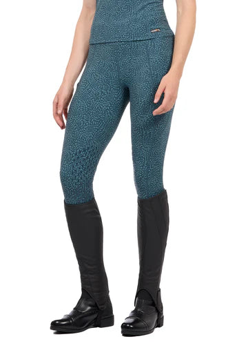 Blue printed riding tights with knee patch grip shown front view on a white background