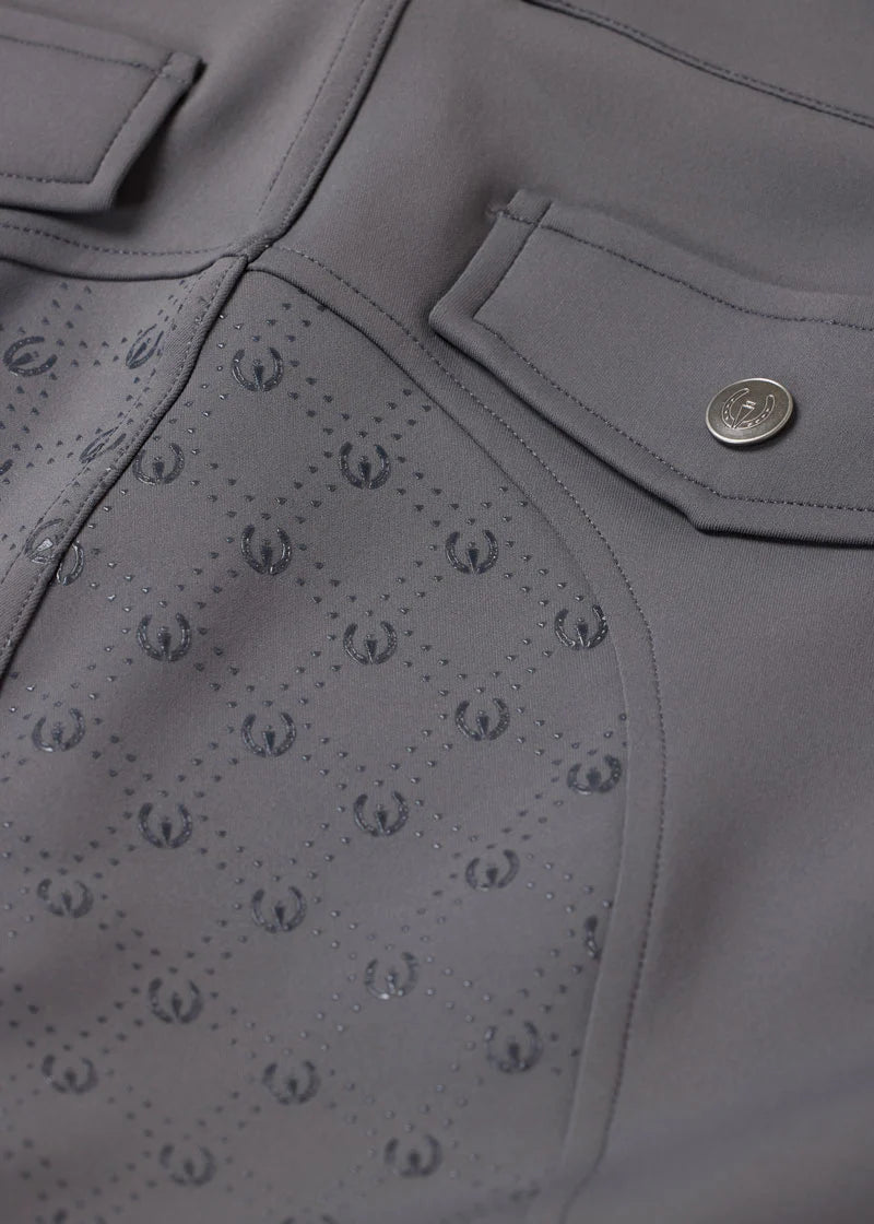 Close-up view of the back details on the gray Kerrits Free Motion Coolcore Full Seat Breech