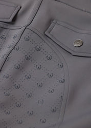 Close-up view of the back details on the gray Kerrits Free Motion Coolcore Full Seat Breech