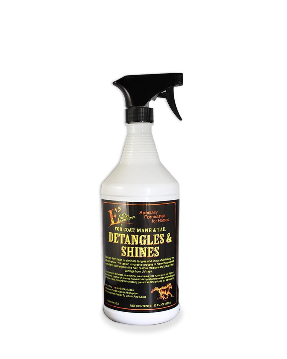 Front view of a 32 oz spray bottle of E3 Detangle & Shine Spray on a white background