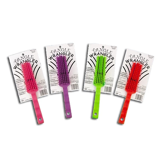 View of 4 Tangle Wrangler Brushes in assorted colors, side by side on a white background