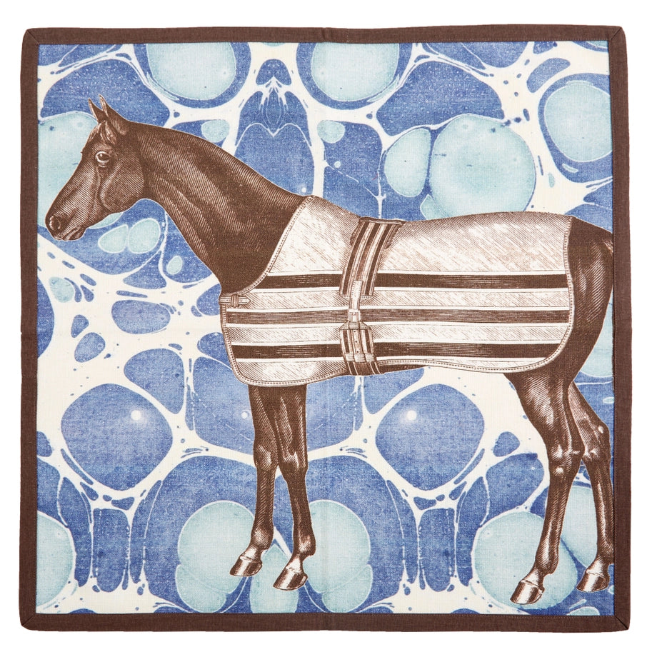 View of the blue napkin from the set of 4 ThomasPaul Equus Marble Cotton Dinner Napkins