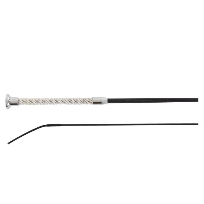 Handle and lash view of the silver Premiere Glitter Stone Dressage Whip on a white background
