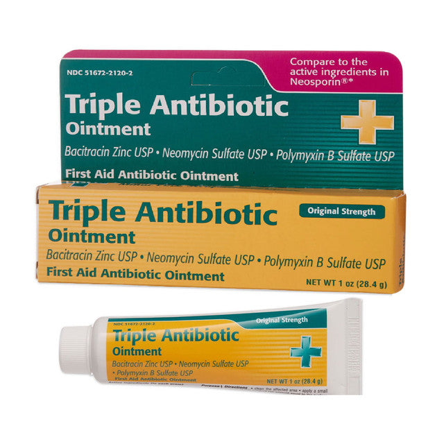 Front view of the box and tube of Triple Antibiotic Ointment on a white background