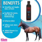 Bottle of detangler shown on a graphic background next to a standing horse