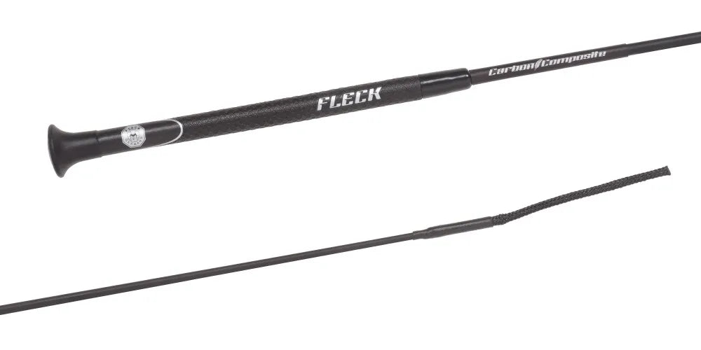 Side by side handle and tail views of the black Fleck Carbon Ultralight Whip on a white background