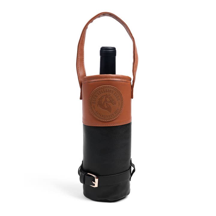 Front view of the Blue Stallion Farm Riding Boot Wine Tote with a wine bottle in it on a white background