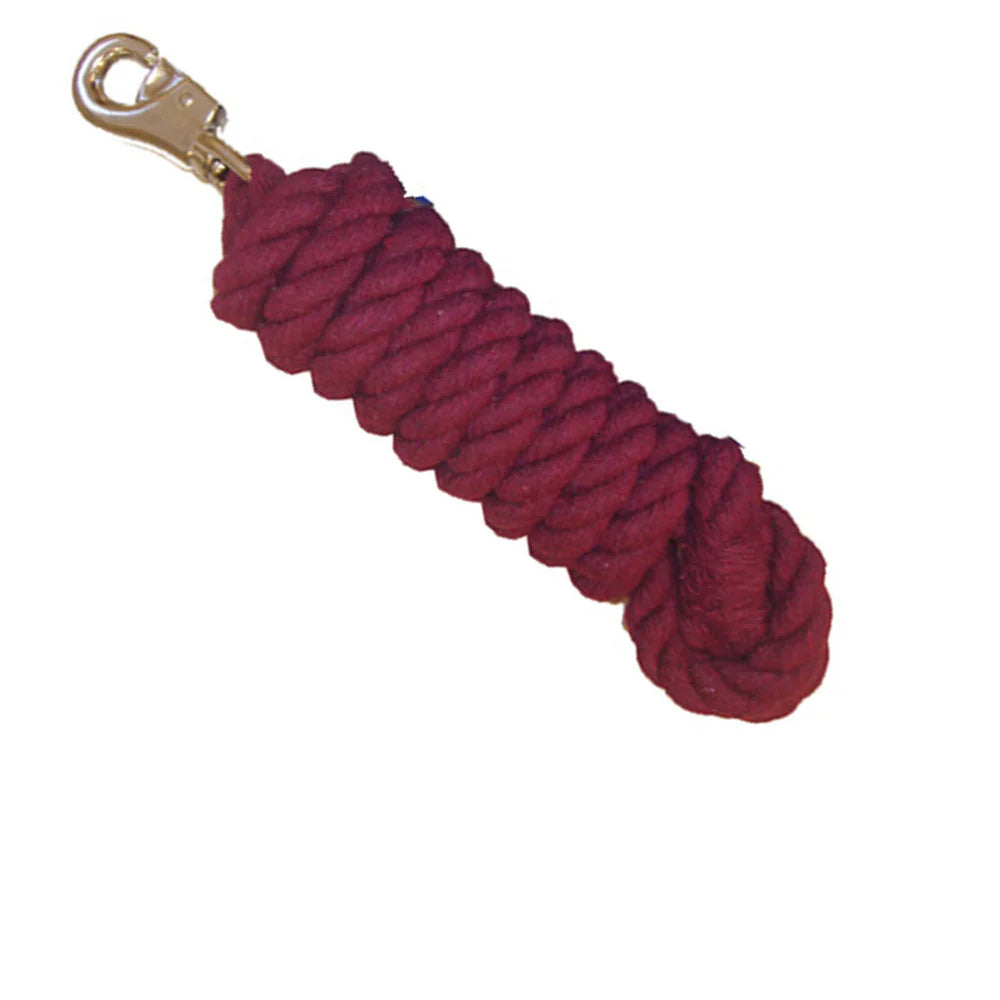 Full view of the burgundy Intrepid Cotton Lead Rope with Bull Snap on a white background