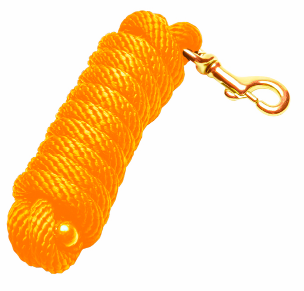View of a rolled up neon orange Jacks Poly Lead Rope with Bolt Snap on a white background