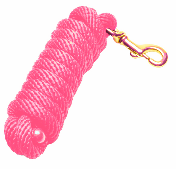 View of a rolled up neon pink Jacks Poly Lead Rope with Bolt Snap on a white background