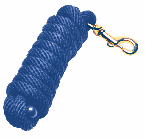 View of a rolled up navy Jacks Poly Lead Rope with Bolt Snap on a white background