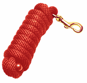 View of a rolled up red Jacks Poly Lead Rope with Bolt Snap on a white background