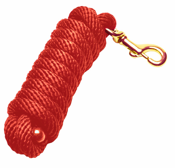 View of a rolled up red Jacks Poly Lead Rope with Bolt Snap on a white background