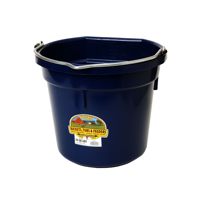 Angled front view of the 20 qt navy Little Giant Duraflex Flat Back Bucket on a white background