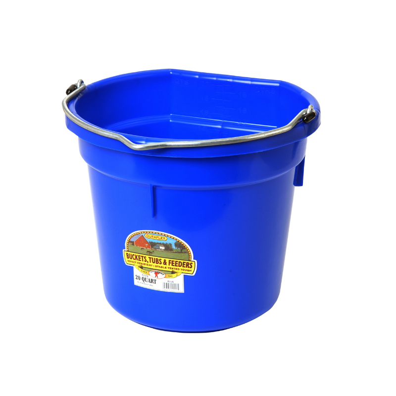 Angled front view of the 20 qt royal blue Little Giant Duraflex Flat Back Bucket on a white background