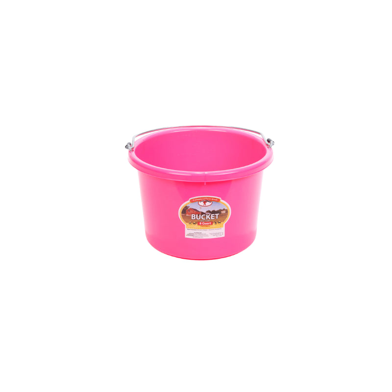 Front view of the pink Little Giant Duraflex 8 Quart Round Bucket on a white background